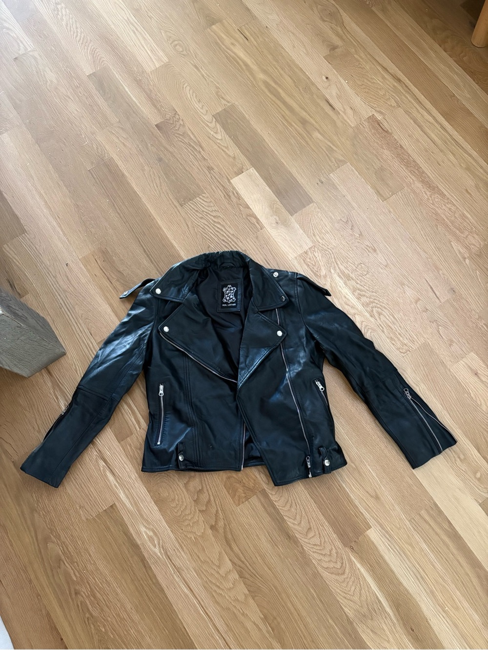 Women's Black Leather Biker Jacket with Zip Details
